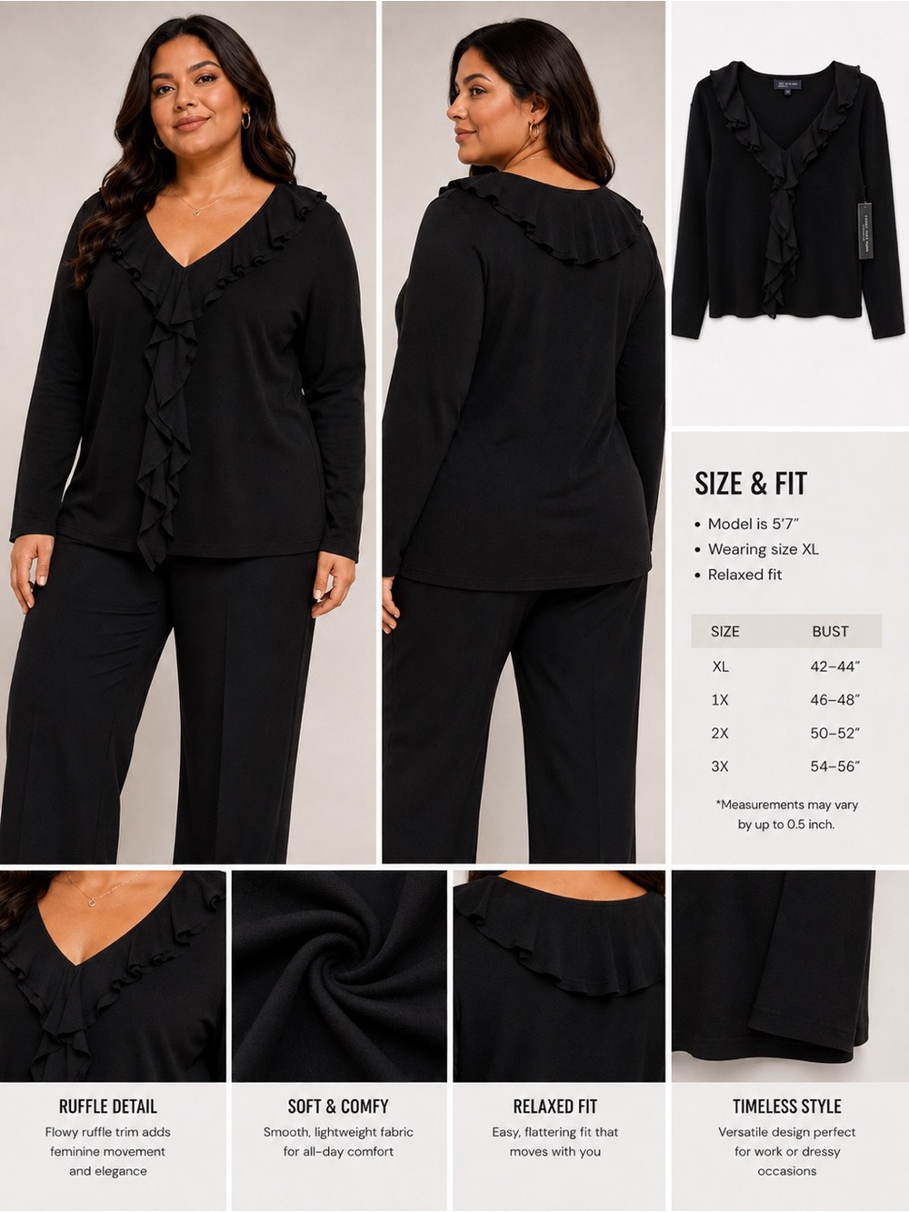 Jones New York Black Ruffle-Front Long Sleeve V-Neck Top XL